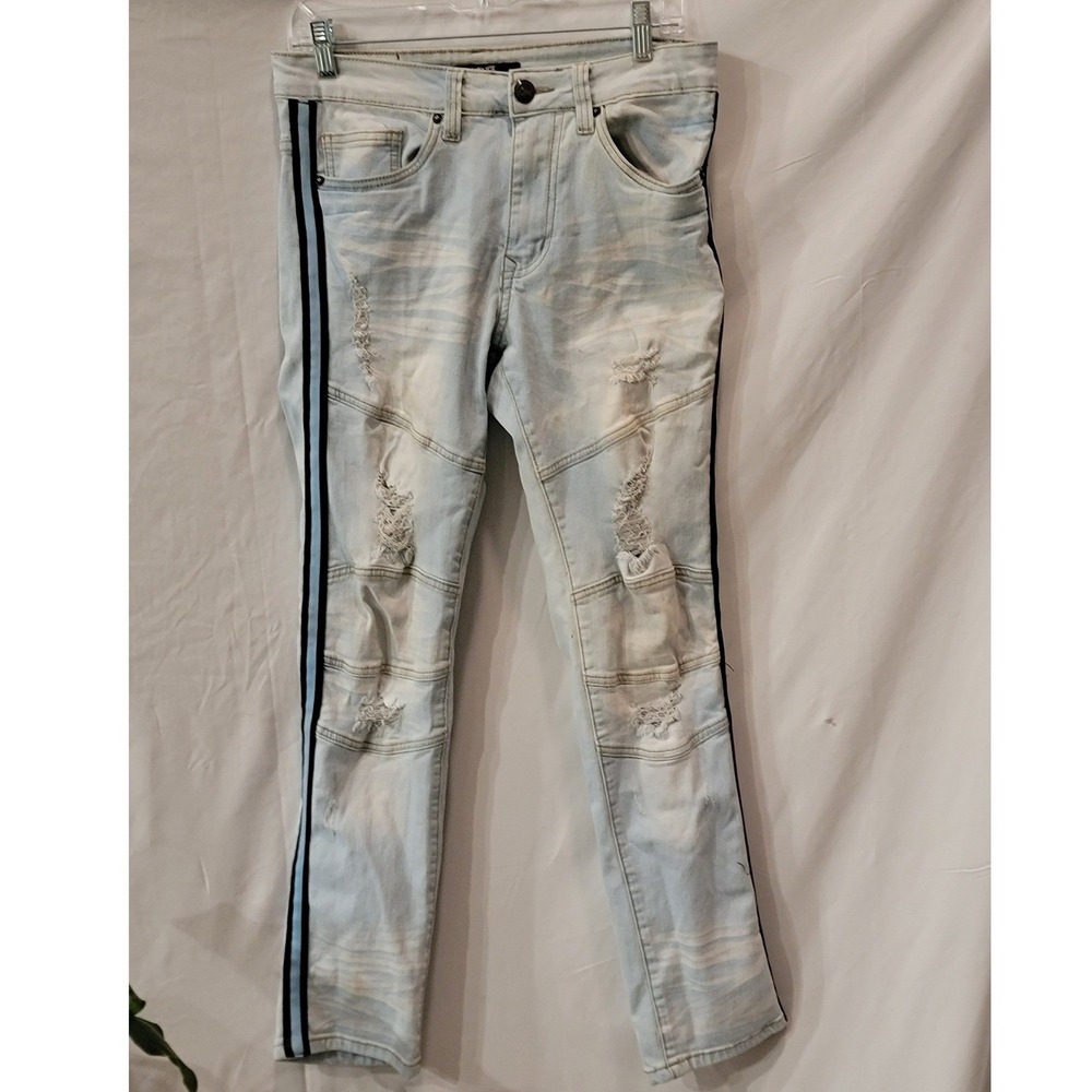 OPS Mens Light Wash Distressed Moto Jeans Blue Side Stripe‎ Slim Fit 32x30
